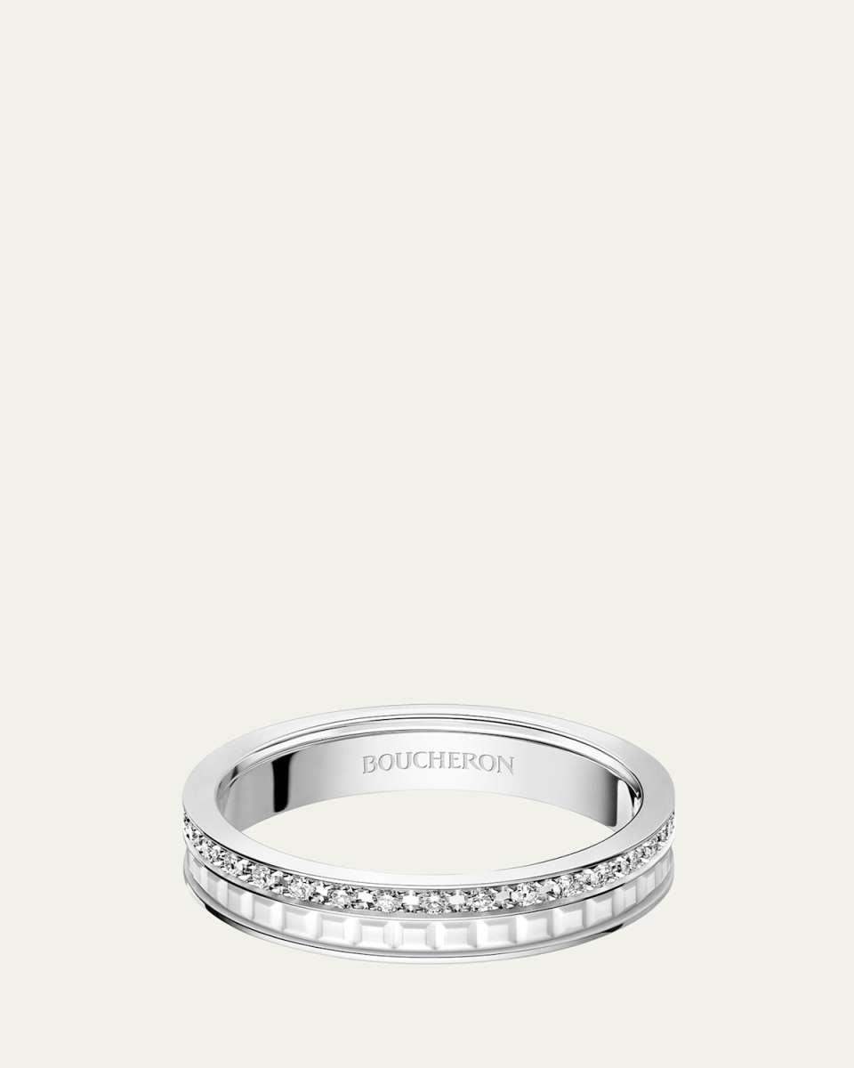 Quatre Double White Edition Wedding Band in 18K White Gold, White Ceramic and Diamonds